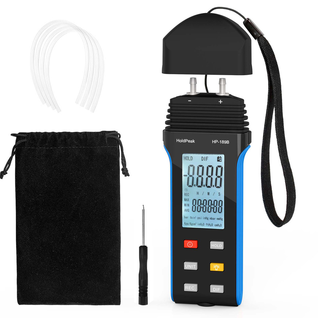 Holdpeak HP-189B Digital Manometer, LCD Display Dual-Port Gas Pressure Tester with Backlight for Pre