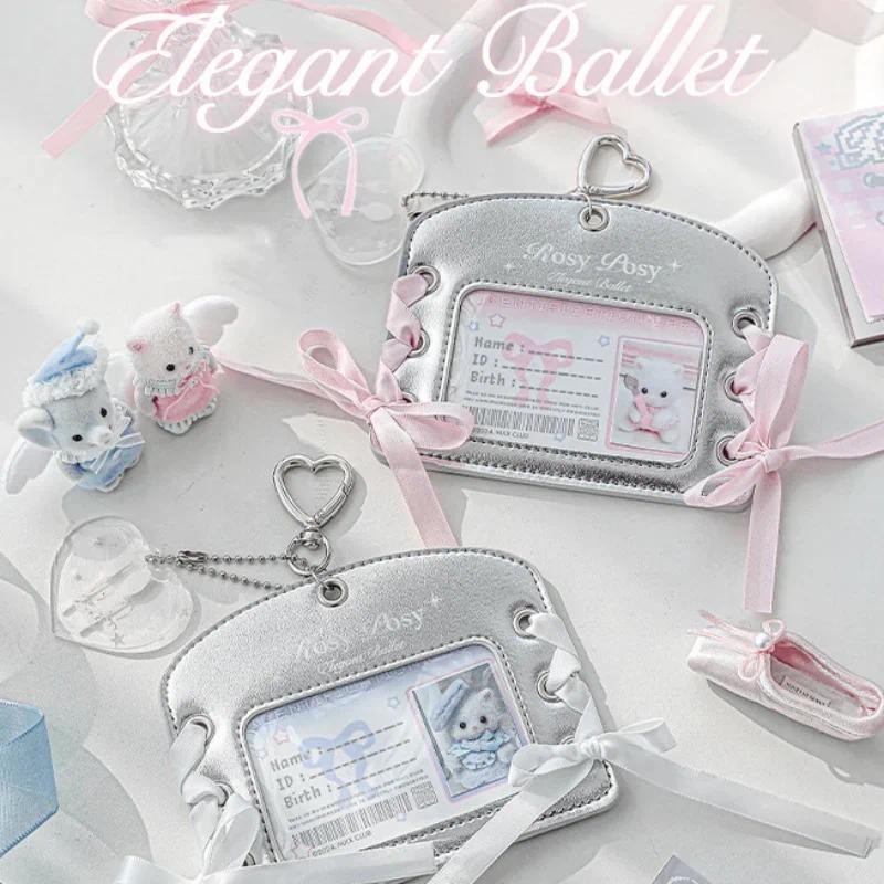 

Sweet American Fashion Kpop Photcard Holder Lace Bow Ribbon Student ID Card Cover Case Portable Key Ring Photo Card Protector