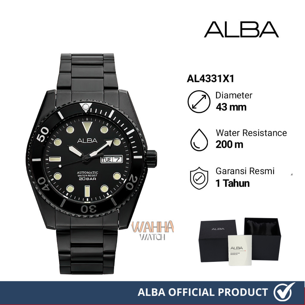 Jam Tangan Pria Alba Active AL4331X1 Automatic WR 200M Black Dial Stainless Steel Strap