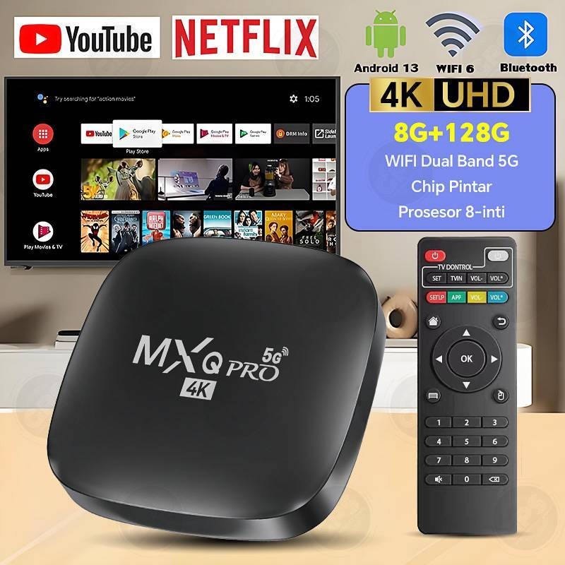 NEW MXQ Pro Set Top Box Dual Band 2.4G+5G Internet Smart TV Free 3000+aplikasi  Wifi6 8GB + 128GB Sm