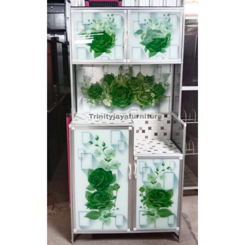 Lemari Piring Rak Piring 2Pinfu Full Karakter Almunium Kaca