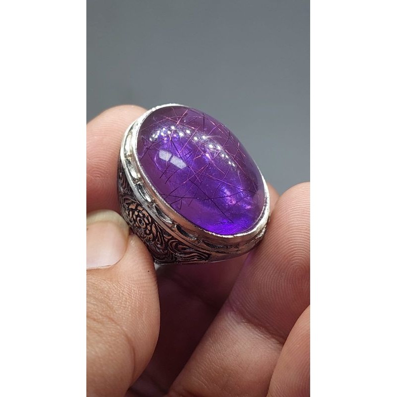 Cincin batu kecubung ungu amethyst rambut emas