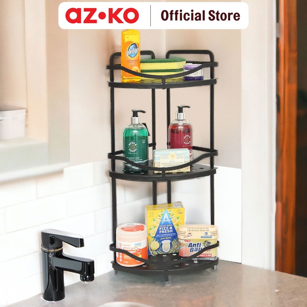 AZKO Stora Rak Sudut Kamar Mandi Aluminium 3 Tingkat - Hitam Decorative Shower Wall Shelf Corner Rak
