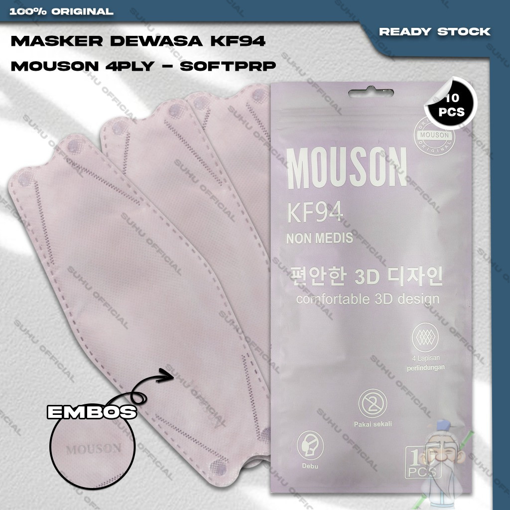 Masker KF94 MOUSON 4Ply isi 10Pcs Soft Purple Ungu Muda KF 94 4 Ply Earloop Surgical Mask
