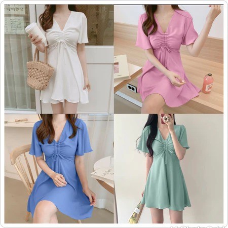 DRESS LOPPY V NECK TALI SERUT BAHAN RAYON TWILL