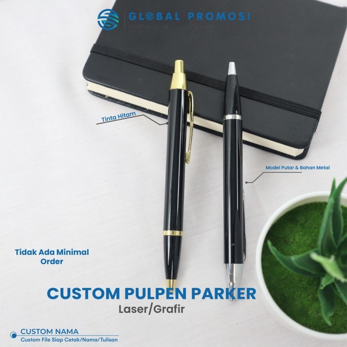

TERBARU Pen Model Parker Custom Grafir Nama Logo Pen Metal Retractable (Cetek) - Tanpa Box, Hitam-Gold