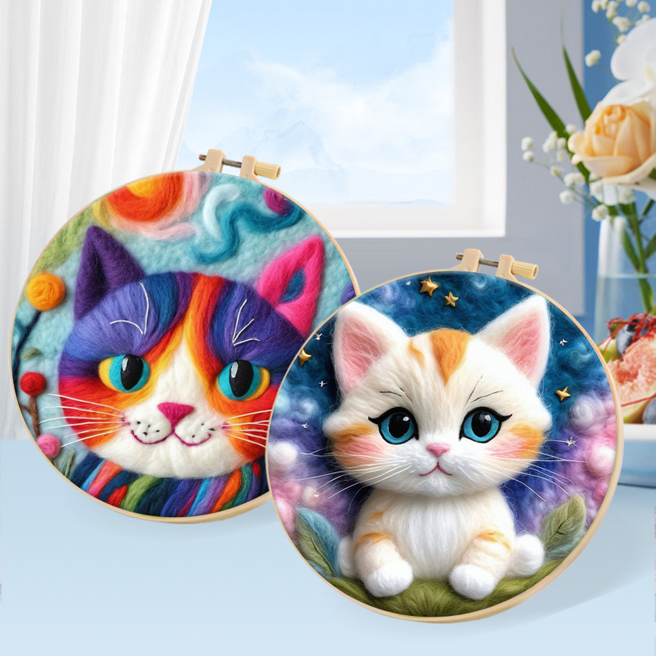 SDOYUNO Wool Felt Package Beginners Painting Cute Colorful Cat Needle Felting Stitch Wool Needlework