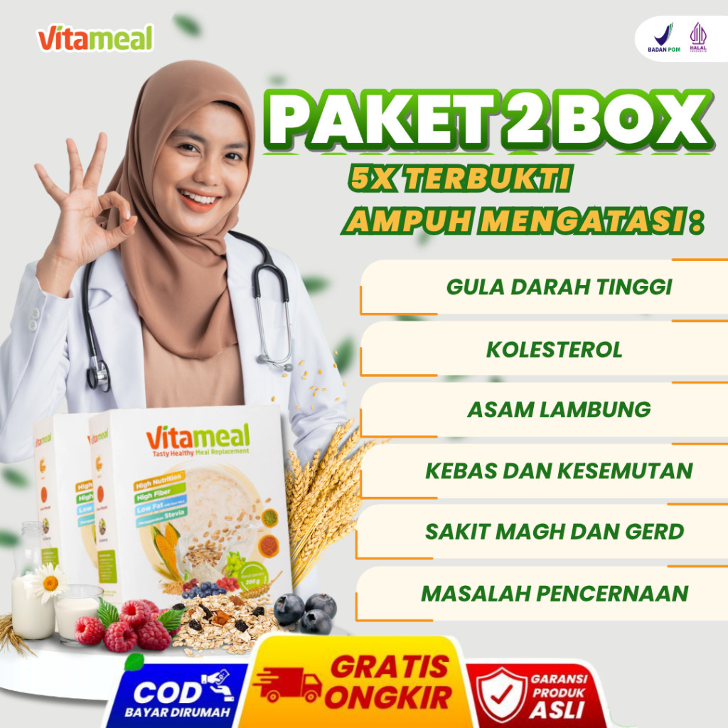 

New [Paket 2 Box] Vitameal Suplemen Gizi Seimbang Harian Sarapan Bernutrisi Menurunkan Gula Darah Kolesterol Magh Kebas Kesemutan Hipertensi Darah Tinggi Diet Sehat VITAMINILK HERBALPremium