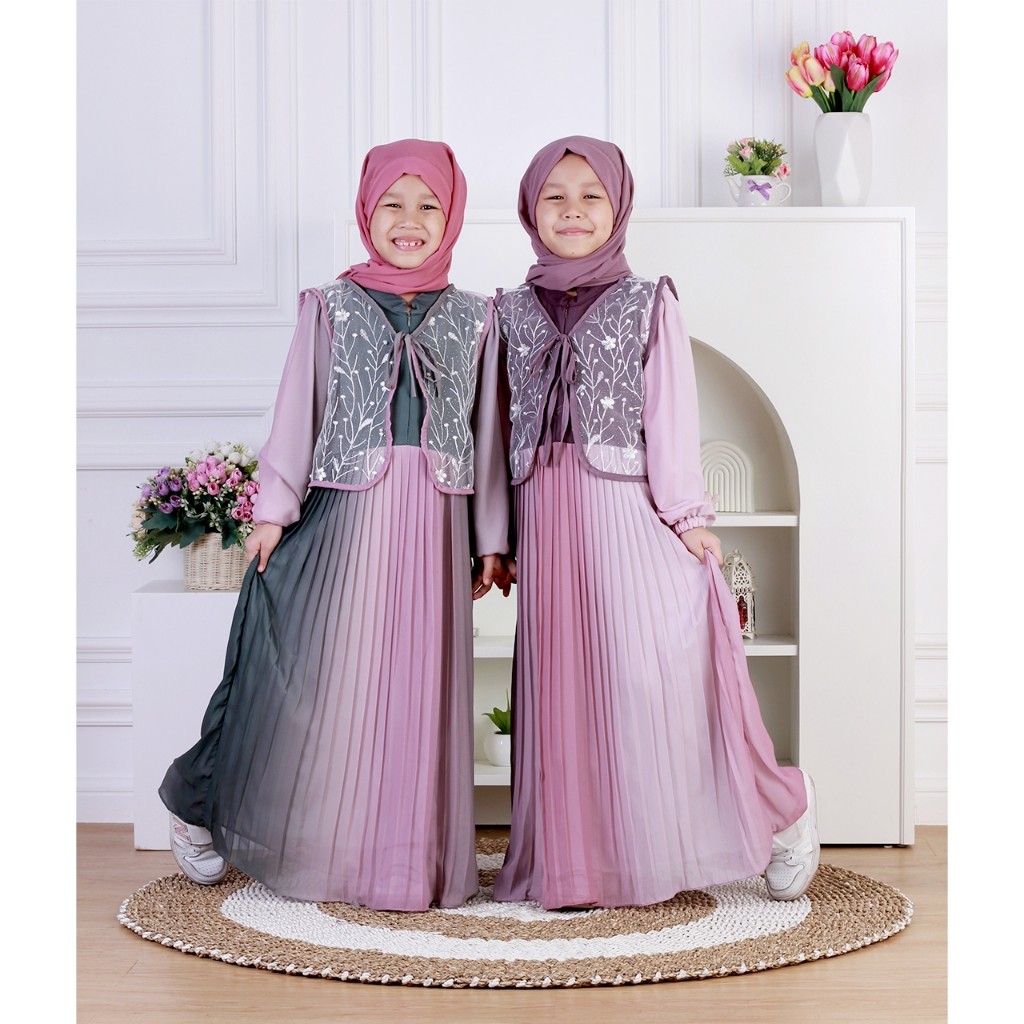 AK38RI Dungdungkids Gamis Anak Moreen Ceruty Babydoll Plisket Rompi Tile Bordir Free Pashmina 3 - 12