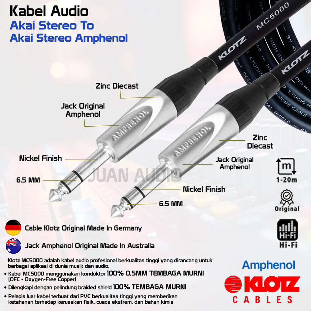 Kabel Audio Profesional KLOTH MC5000 ORIGINAL Jack AUX TRS Akai Stereo 6.5mm AMPHENOL
