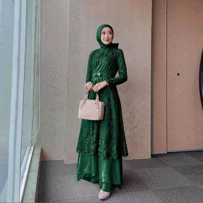gamis almizu hijau botol XL dress baju pesta brukat tile murah alm at