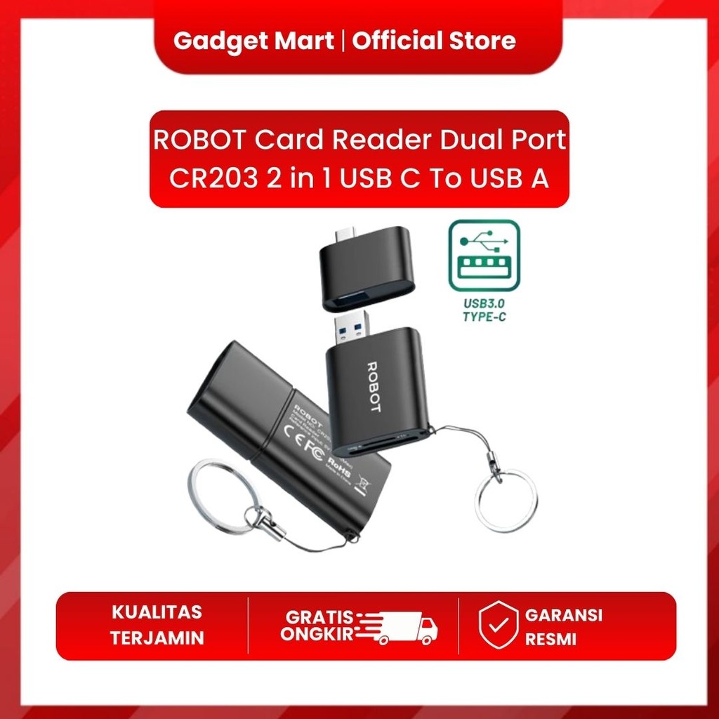 ROBOT Card Reader Dual Port CR203 2 in 1 USB C To USB A BLACK