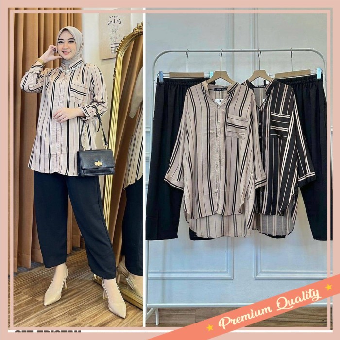 PROMO DISKON TERMURAH BAJU LEBARAN IDUL FITRI /Tristan Set Atasan Rayon Garis Celana Crinkle Polos C