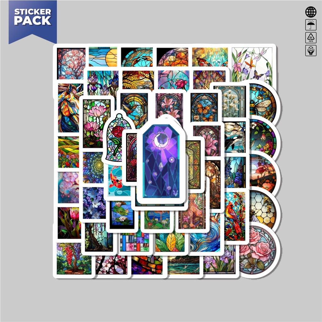 

[100PCS]Stiker Pack Stiker Colorful Glass Art (Seni Kaca Patri Berwarna).Aesthetic Vinyl Anti Air Dekorasi Sticker Laptop Buku Journal Koper Helm Casing HP Gitar Helm Skateboard