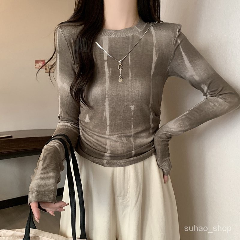 crop top korea style Jaket Pullover Gaya Korea Wanita, Atasan Bawahan Leher Bulat, Lengan Panjang Mu