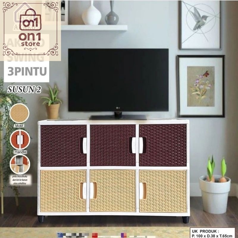 Lemari Termurah / AKAKO - Lemari Pakaian Plastik SWING FANCY 3 Pintu Jumbo Motif Rotan Susun 2, 3, 4