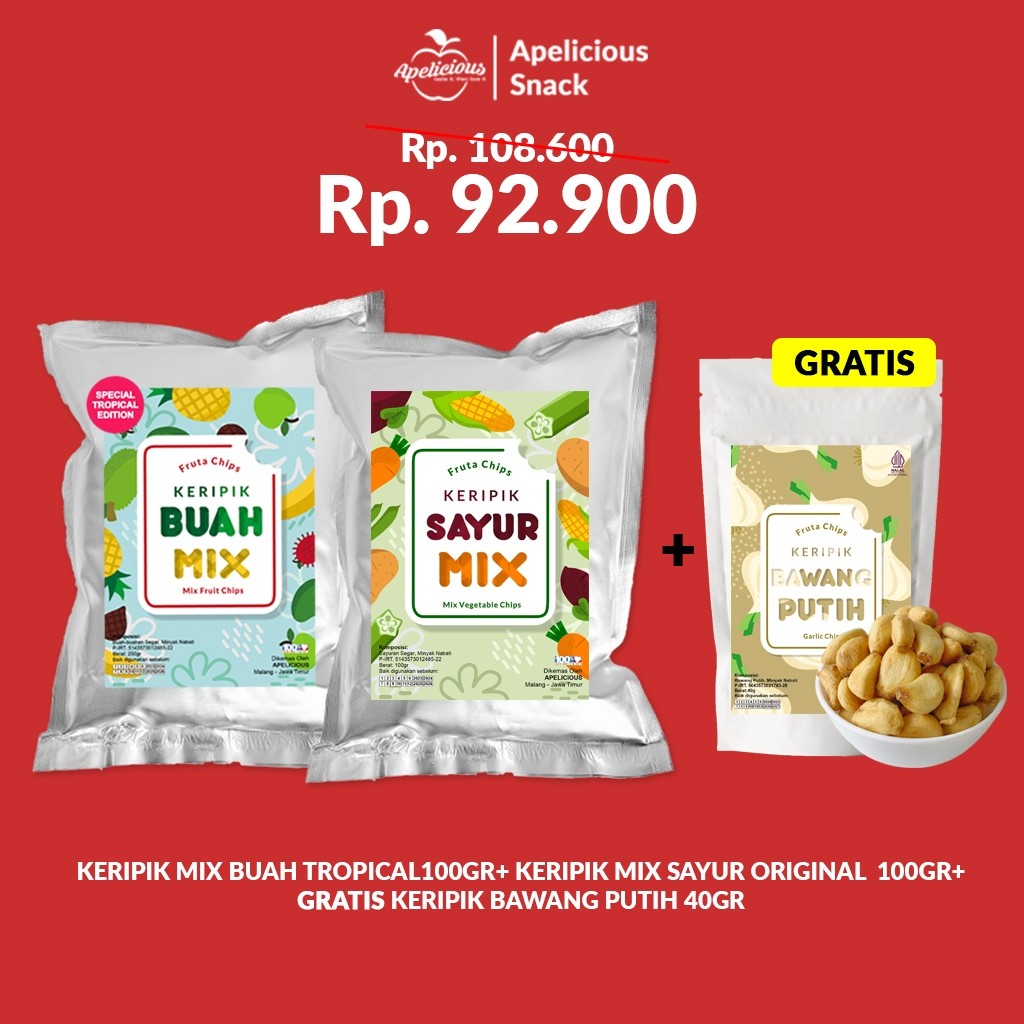 

Apelicious (Paket Gratis Kripik Bawang Putih) Mix KeriPIk Sayur Ori + Mix KeriPIk Buah Tropis