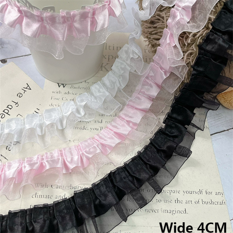 

4CM Wide Double Layers White Black Pink Pleated Lace Fabirc Ribbon Needlework Ruffle Trim Lolita Dress Apparel DIY Sewing Decor