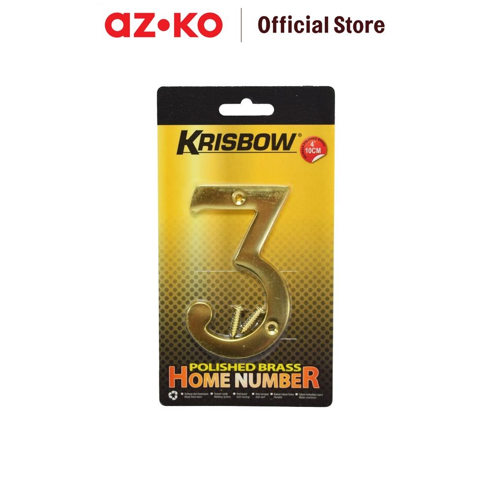 AZKO Krisbow Nomor Rumah 3 Polish Brass 10 cm Angka Penanda Rumah Hiasan Nomor Pager Rumah Dekorasi 