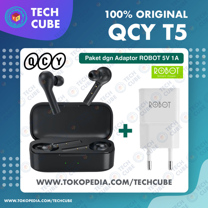 QCY T5 TWS Eahone Headset Bluetooth Wireless Eauds Alt T1C T13 T17 - Hitam