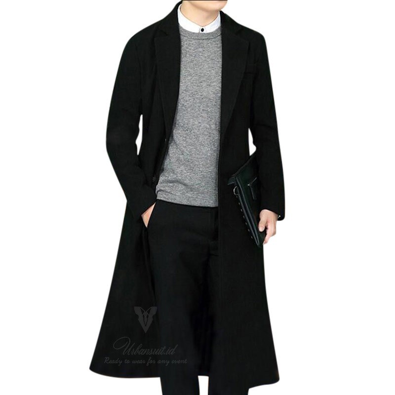 Jaket Jas Blazer Jubah Panjang Pria Saku Tutup Long Coat Pria Katun FLECE Korea Black M