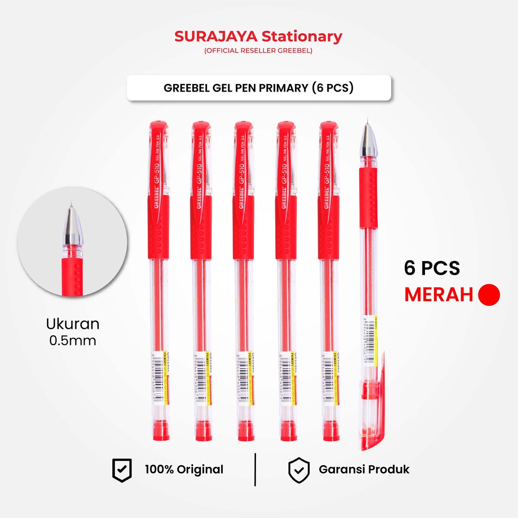 

Bolpen Pulpen Gel Greebel / Primary GP-510 0.5 Merah (6PCS/SET) Ballpen Ballpoint Pena Gel