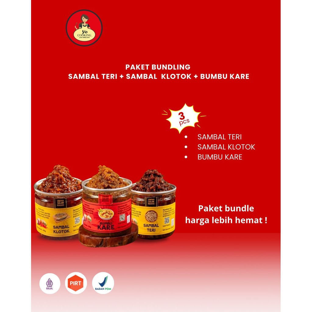 

YO COOKING BUNDLING MURAH SAMBAL TERI/SAMBAL KLOTOK/BUMBU KARE berat 200gr Bpom - Bumbu Instan - Bumbu Praktis - Mantap Medok enak nampol - Rasa enak- Bumbu viral - Bumbu dapur - Masak sat set-sambal pedas nampol