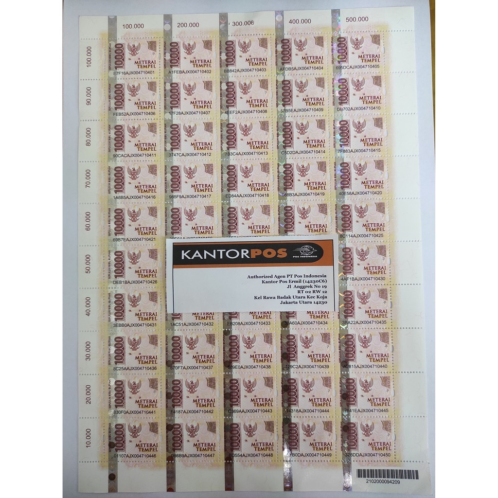 

Meterai atau Materai Rp 10000 (/Keping) ( Per 40 pcs/keping) RESMI PERURI