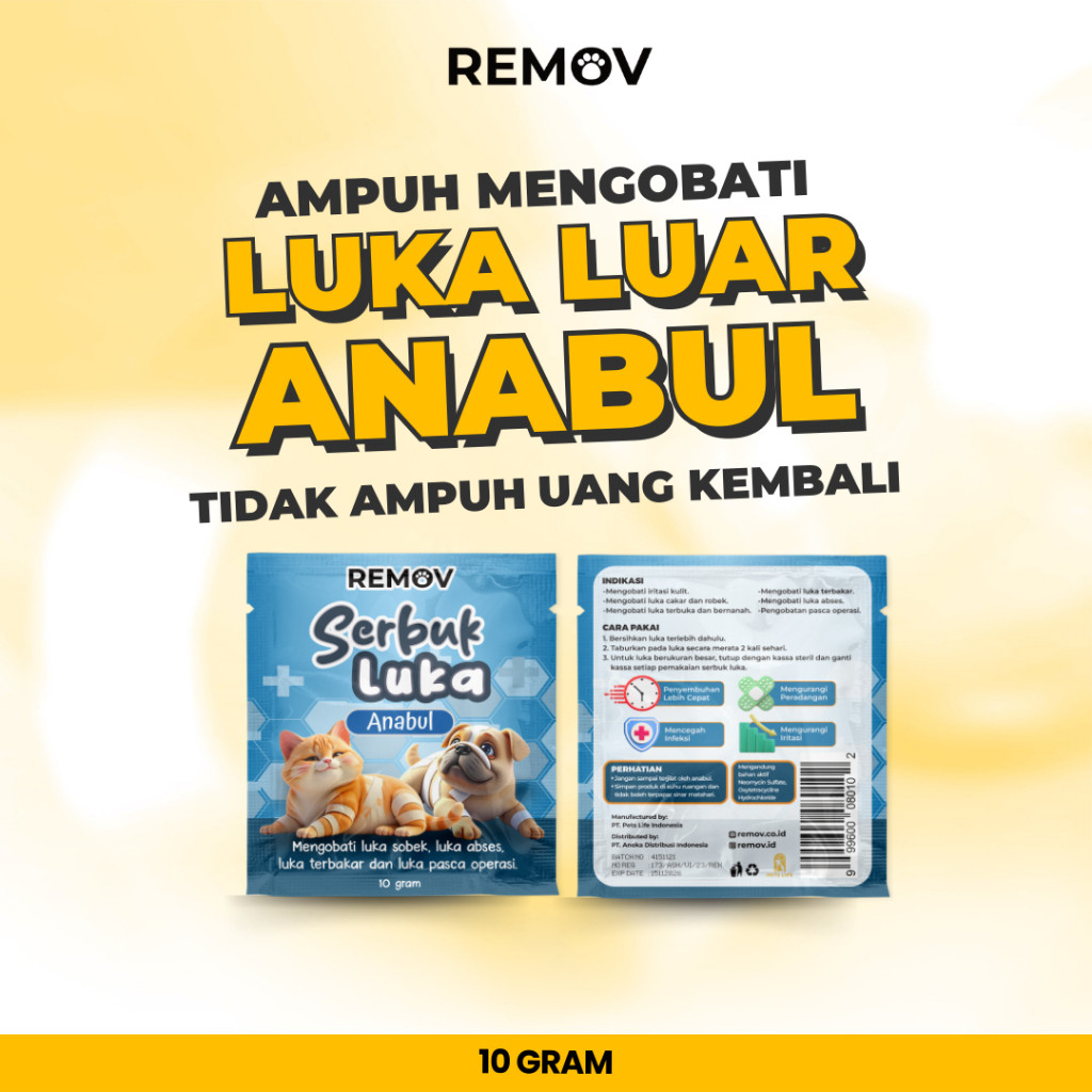 Remov Serbuk Obat Luka Luar Cakar Bernanah Pasca Operasi Antiseptik Antibiotik Kucing Anjing 10gr