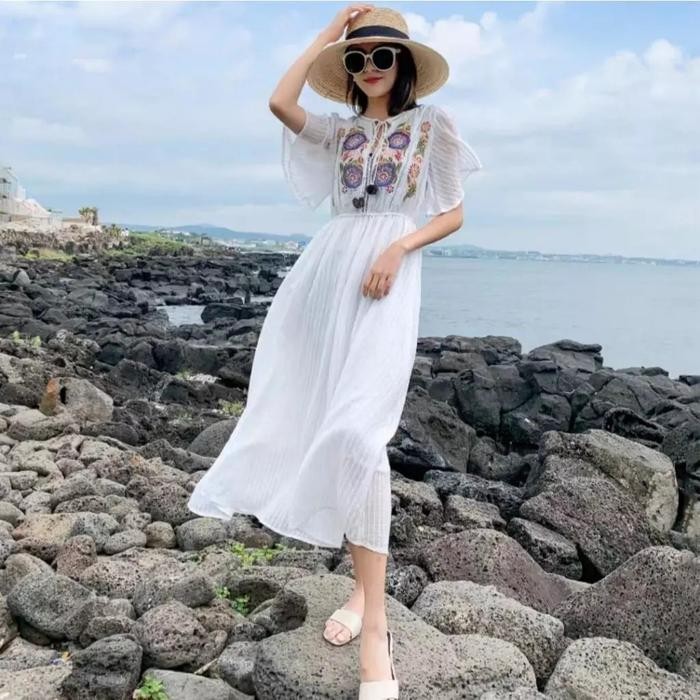 MUMPUNG PROMOMaxi Long Dress Summer Boho Baju Terusan Wanita Holiday Liburan Pantai Putih White Bali