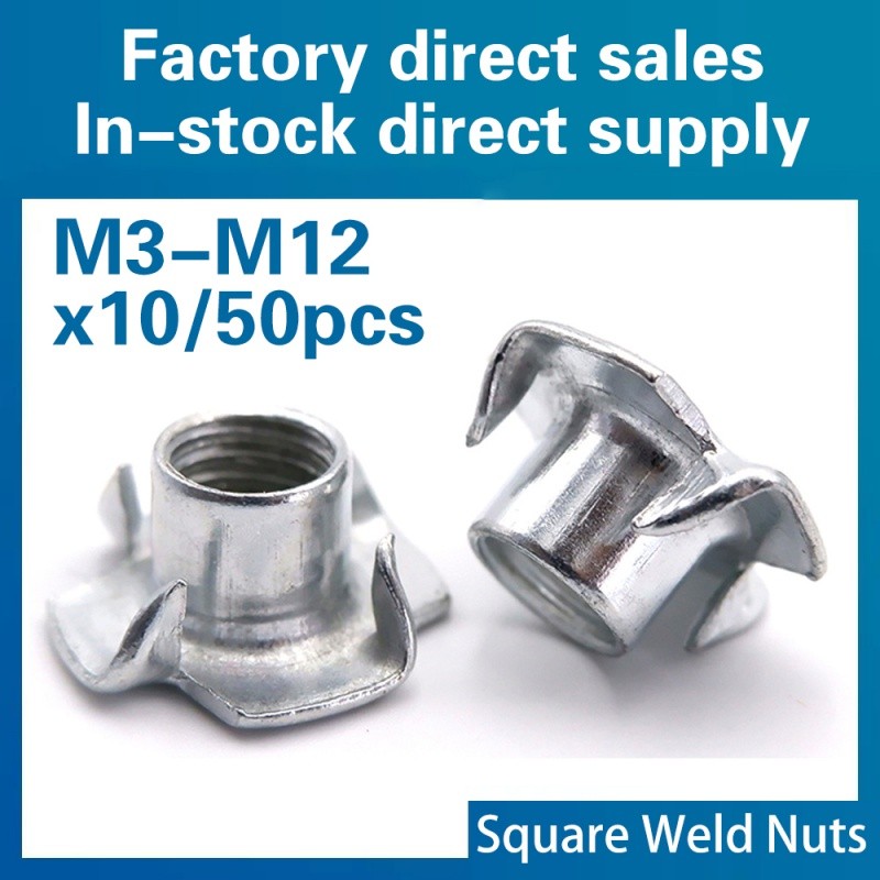 10/ 50pcs M3 M4 M5 M6 M8 M10 M12 Four Claws Nut T-nut Blind Pronged Insert T-Nut for Wood Furniture 