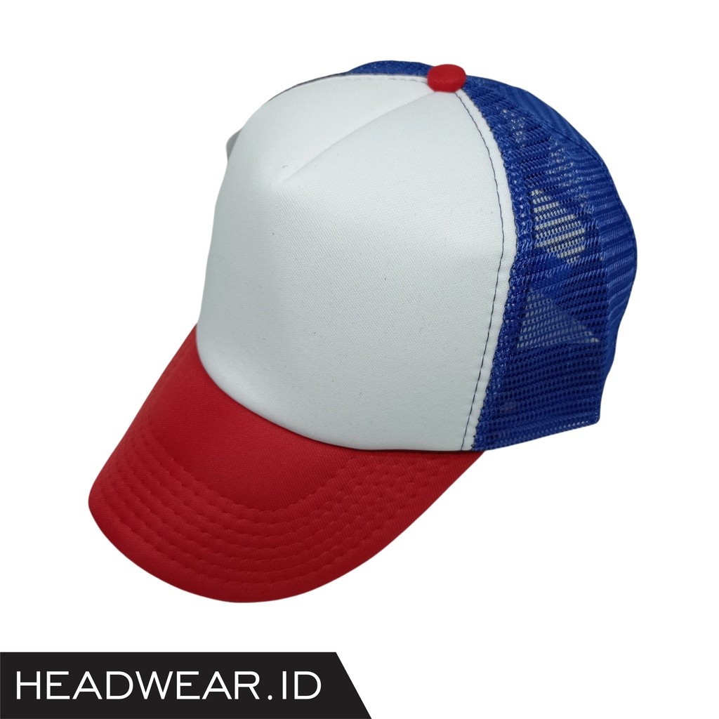 Topi Jaring Trucker Merah-Putih-Biru Polos Dewasa Premium