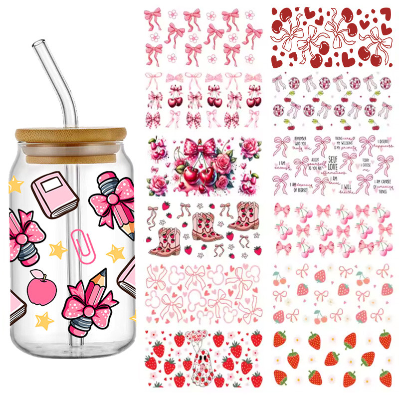 

UV DTF Pink Strawberry Cherry Bow Transfer Sticker For 16oz Glass Libbey Cup Wraps Can Bottle Selfadhesive Washable DIY Custom
