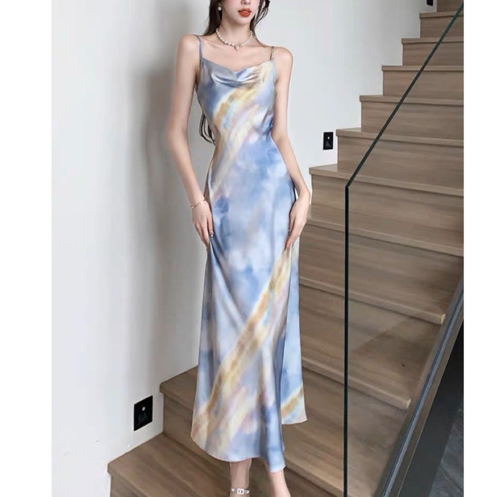 Meirong baju dress biru muda pantai motif bunga korean style summer blue dress bunga press body