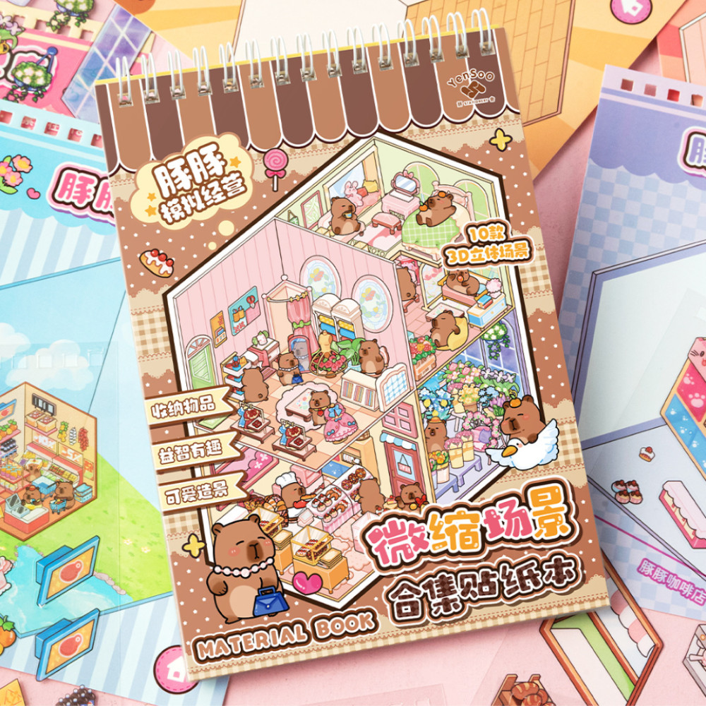 

New 3D Landscape Sticker Book PET DIY Miniature Scene Stickers Cute Capybara 10 Scenes Pocket Scene Kit Birthday Gifts