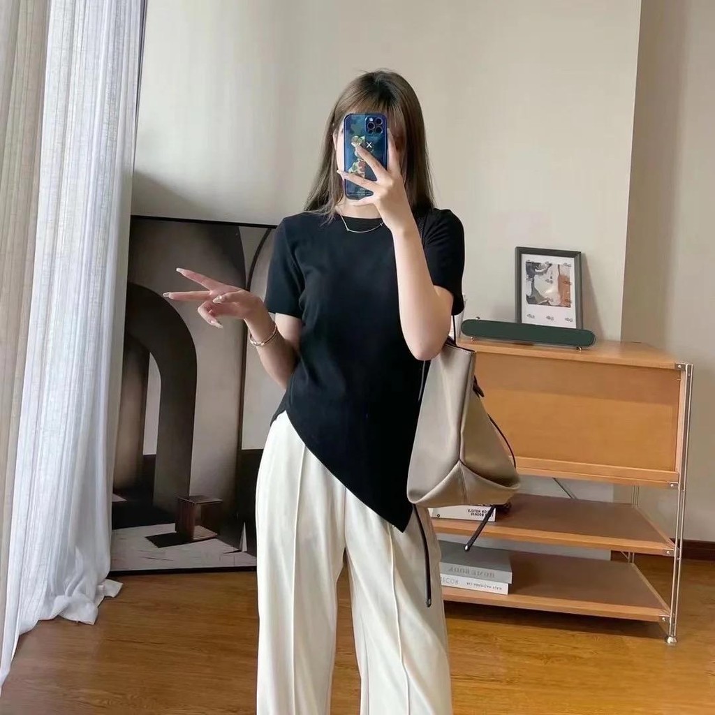 Meirong baju kaos hitam crop top wanita lengan pendek korean style cute polos black t shirt baju ata