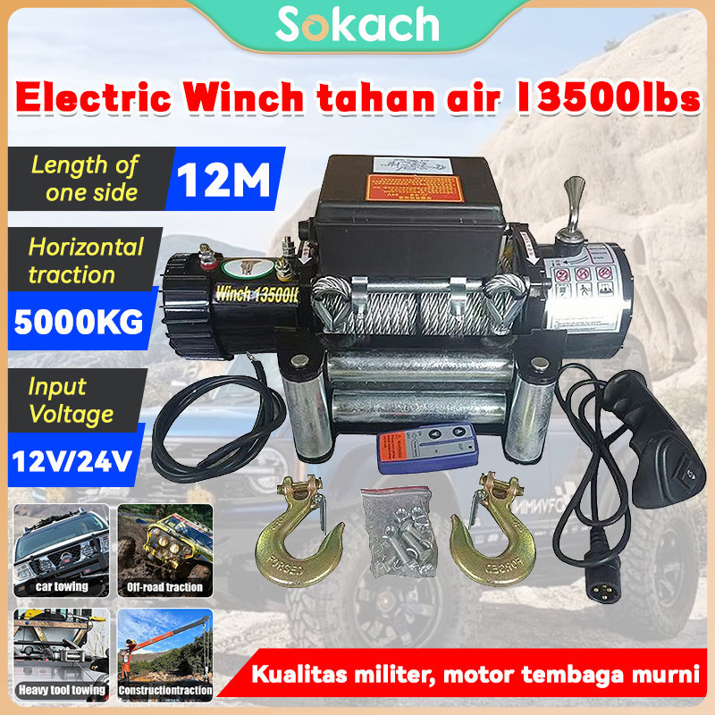 New [Garansi 3 Tahun]Electric Winch 6.5ton 13500lbs top speed IP70 12v Tali Sling Baja 27m 10mm Tali