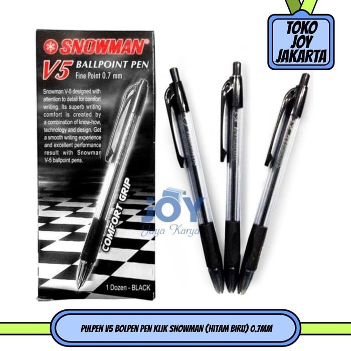 

12pcs Pulpen V5 Bolpen Pen Klik SNOWMAN (Hitam Biru) 0.7mm