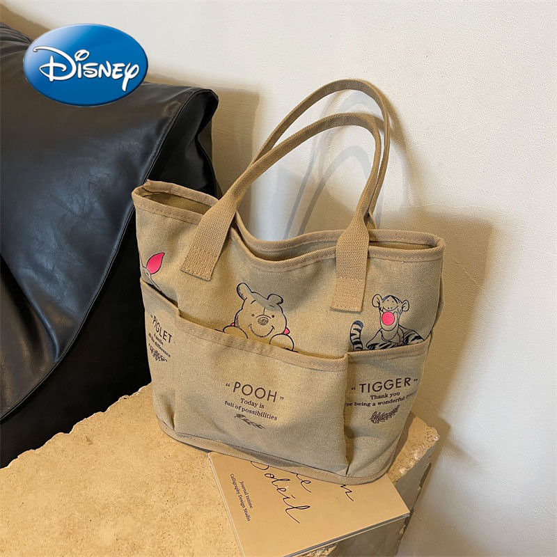 

New Disney Winnie the Pooh Retro Tote Bag Women's Large Capacity Canvas Student Class Book Tote Bag Commuting Shoulder Bag