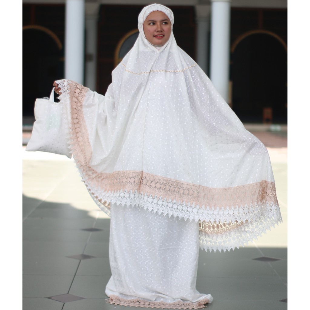 READYSTOCK Mukena setelan mukena terusan katun sutra Jepang prada full bordir putih renda putih cokl