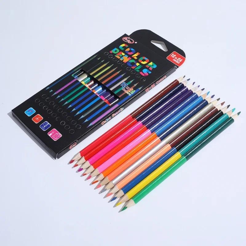 

12Pcs/Set Two-color Head Oily Colored Pencils Drawing Sketch Art Paint Wood Pencil Comic Graffiti Tool Triangle Bar 24 Colors