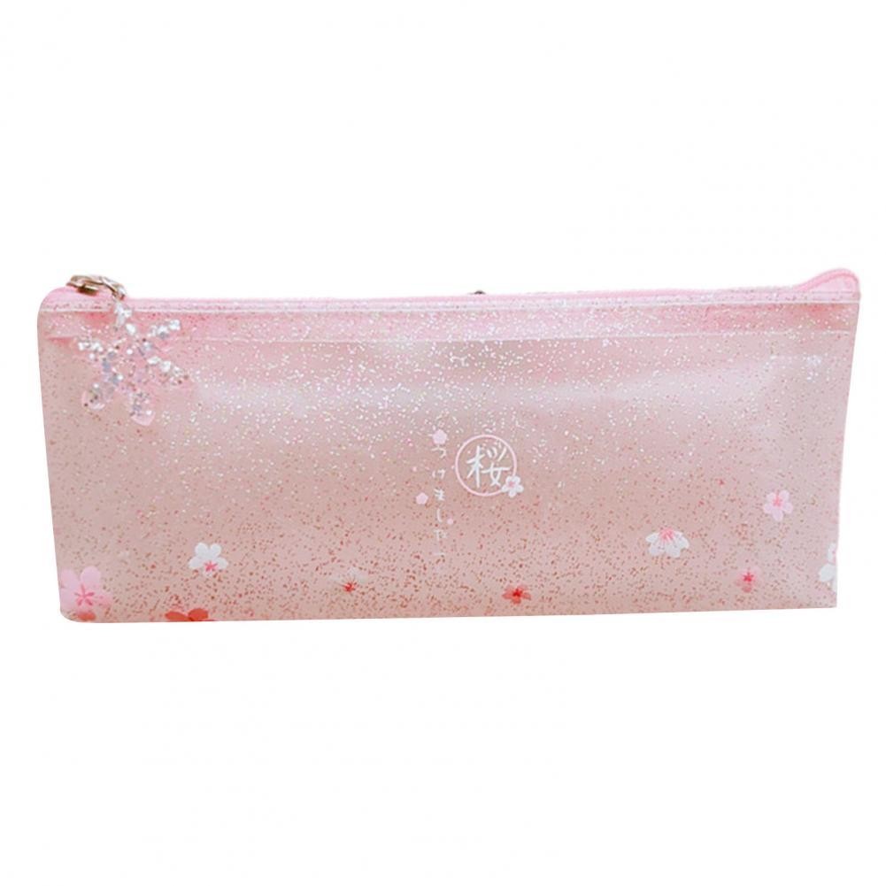 

Stationery Bag Transparent Oriental Cherry Pattern Sweet Pink Frosted Students Sakura Pencil Pouch