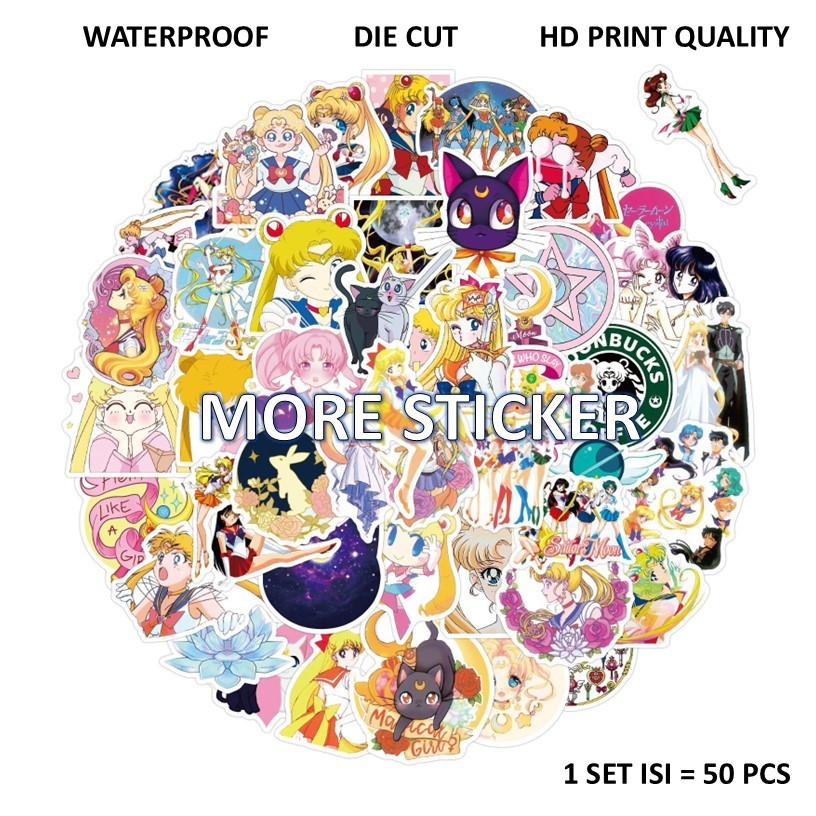 

ISI 50 PCS STICKER PACK MOTIF SAILOR MOON PVC VINYL WATERPROOF UKURAN 4-5CM HP LAPTOP KOPER HELM MOTOR