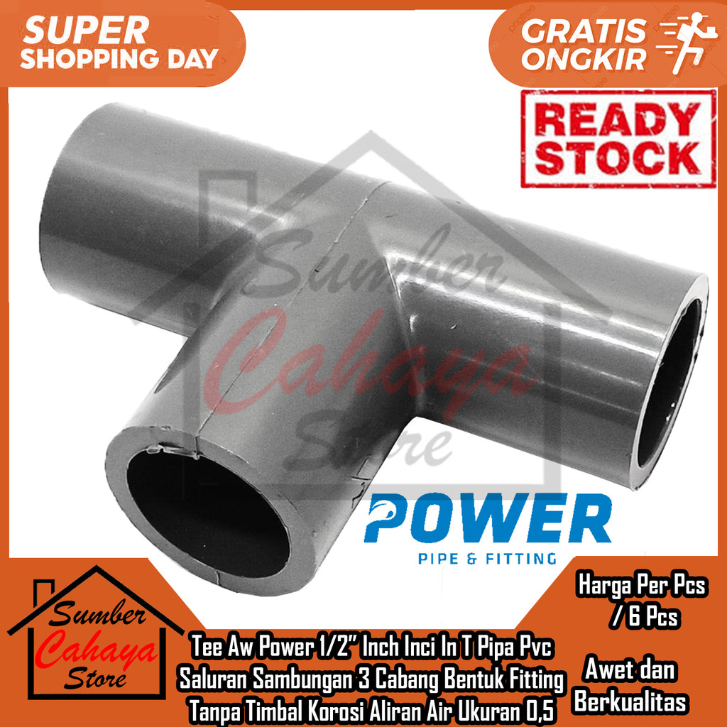 Power Tee 1/2 Inch Aw Pvc Verlop Te Reducer Vlok Polos Fitting Sambungan Leter T Pipa Tebal Setengah