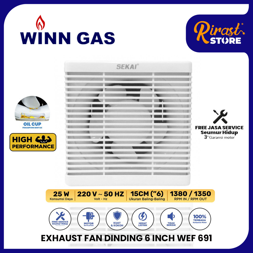 RIRAST SEKAI EXHAUST FAN KIPAS ANGIN HEXOS DINDING 6 INCH WEF 691