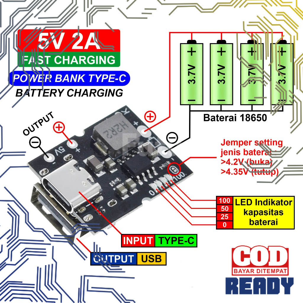 Modul Power Bank USB Type-C Fast Charger Step up Charging Lithium Baterai 18650