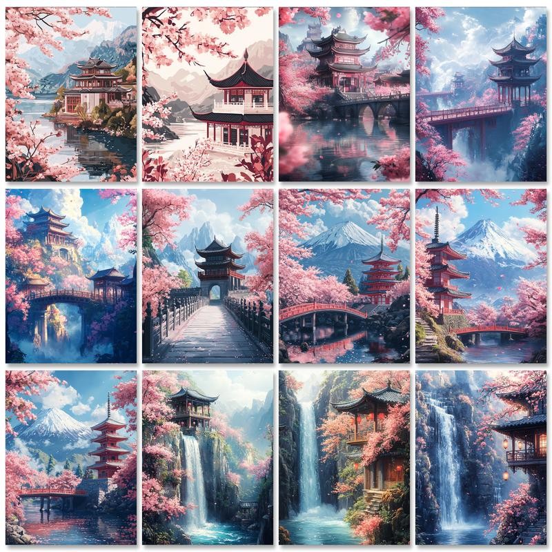 

RUOPOTY Paint By Number Kit Cherry Blossom Painting By Number Buildings Acrylic Paint On Canvas Home Wall Artwork With Frame