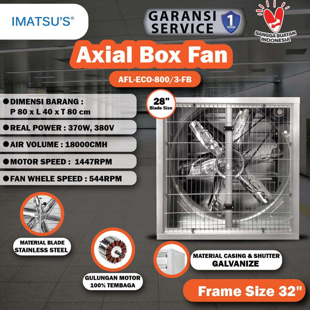 IMATSU'S Axial Box Fan 28 Inch Blower Exhaust Box Fan Kandang Ayam 380V 3 Phase Kipas Gudang