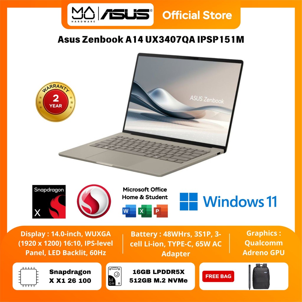 Laptop ASUS Zenbook A14 UX3407QA IPSP151M Snapdragon X1 RAM 16GB/512GB SSD