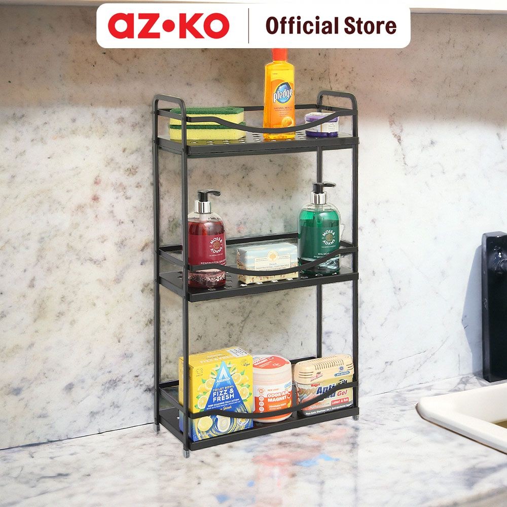AZKO Stora Rak Kamar Mandi Aluminium 3 Tingkat - Hitam Shelf Mandi Organizer Toilet Rak Toiletries S